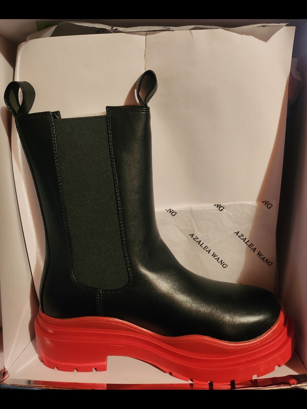 Azalea Wang Black Leather Chelsea Boot with Red Chunky Sole